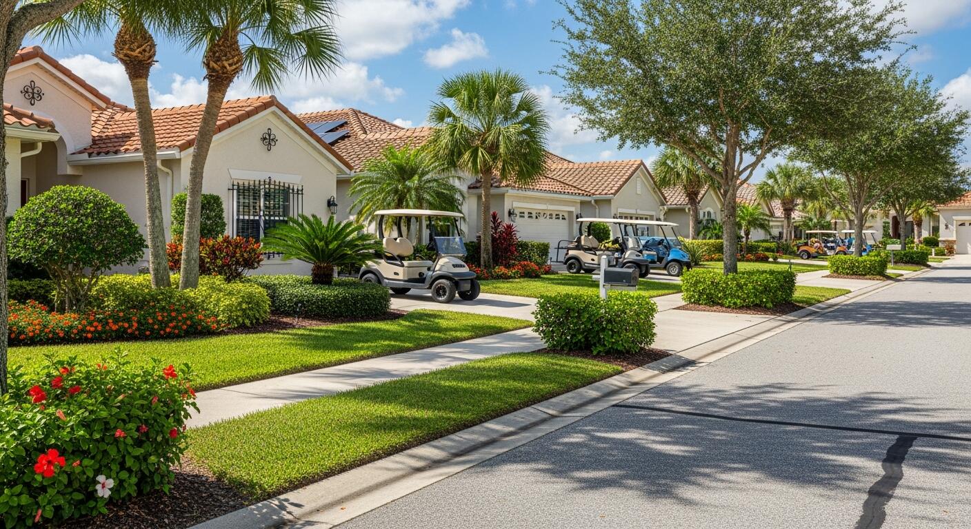 A sunny, palm-lined neighborhood with welcoming homes and golf carts